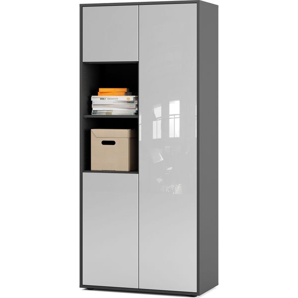 Simplyfurn Armadio Ufficio Amira T20, Armadio Con Due Vani Aperti, Anthrazit E Bianco Lucido, Push-To-Open, 180X80X40 Cm, Armadio Per Documenti Per Ufficio E Home Office.-image