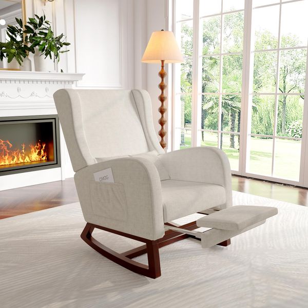 Sedia A Dondolo Poltrona Reclinabile Sedia A Dondolo, Imbottita, Con Base In Legno Poggiapiedi Ispessimento Sedia A Dondolo, Per Soggiorno Camera Da Letto Balcone, ,2 Tasche Laterali, Beige-image