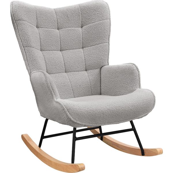 Poltrona A Dondolo Poltrona Relax Poltrona A Dondolo Poltrona Da Salotto Poltrona Oscillante Poltrona D'accento Per Camera Da Letto, Soggiorno Poltrona A Dondolo In Velluto Teddy Con Schienale A Scacchi, 68X75X92Cm (Grigio)-image