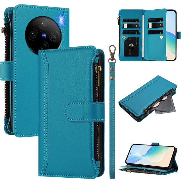 Custodia Per Vivo X100 Pro/X100S Pro, Con Cerniera, Portafoglio, Custodia Flip In Finto Cuoio Con Tasche Per Carte, Supporto E Passante Per La Mano Lake Blu-image