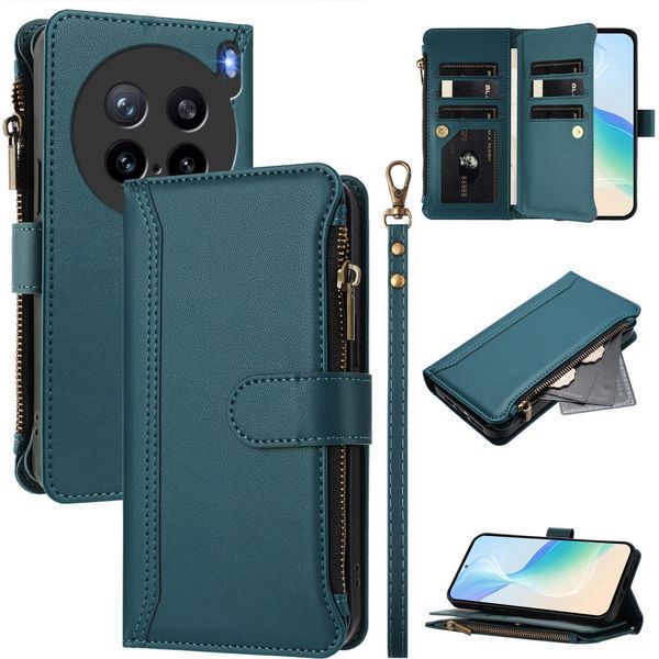 Custodia Per Vivo X200S, Con Cerniera, Portafoglio Custodia Flip In Finto Cuoio Con Tasche Per Carte, Supporto E Passante Per La Mano Verde-image
