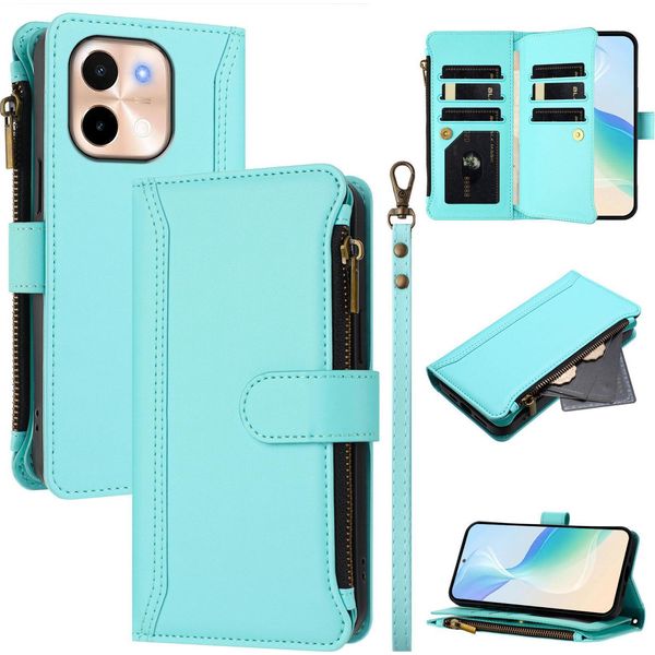 Custodia Per Vivo Y28 4G, Con Cerniera, Portafoglio Custodia Flip In Finto Cuoio Con Tasche Per Carte, Supporto E Passante Verde Menta-image