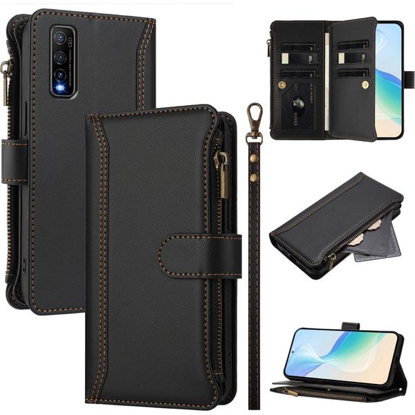 Custodia Per Vivo Y70S, Con Cerniera, Portafoglio Custodia Flip In Finto Cuoio Con Tasche Per Carte, Supporto E Passante Per Mano Nero-image