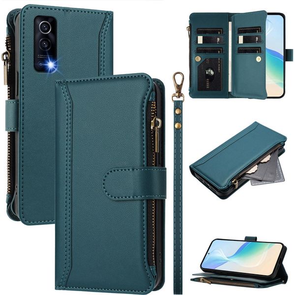 Custodia Per Vivo Y72 5G, Con Cerniera, Portafoglio Custodia Flip In Finto Cuoio Con Tasche Per Carte, Supporto E Passante Per La Mano Verde-image