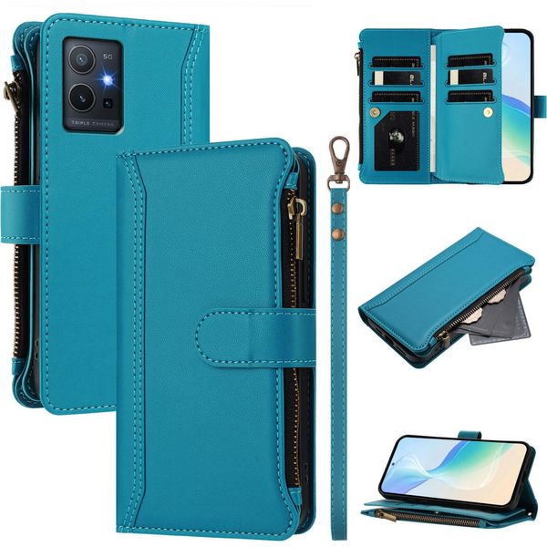 Custodia Per Vivo Y55 5G, Con Cerniera, Portafoglio Custodia Flip In Finto Cuoio Con Tasche Per Carte, Supporto E Passante Per Mano Lake Blu-image
