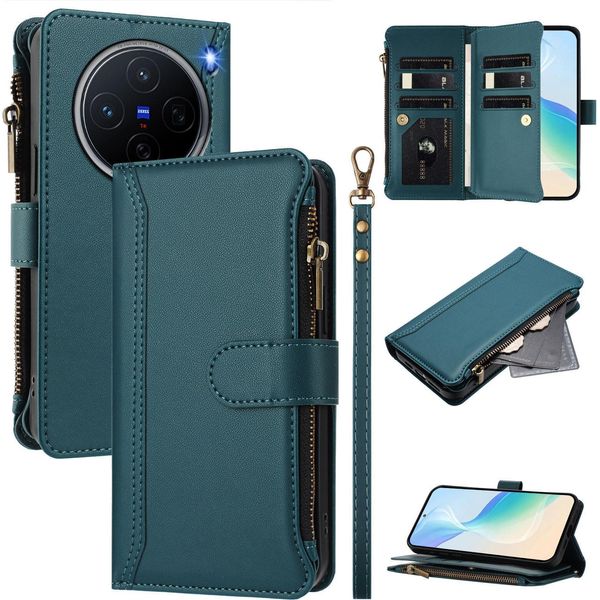 Custodia Per Vivo X200, Con Cerniera, Portafoglio Custodia Flip In Finto Cuoio Con Tasche Per Carte, Supporto E Passante Per La Mano Verde-image