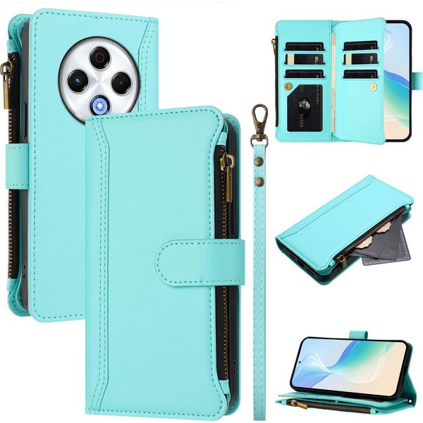 Custodia Per Tecno Spark 30 4G, Con Cerniera, Portafoglio Custodia Flip In Finto Cuoio Con Tasche Per Carte, Supporto E Passante Per Mano Verde Menta-image