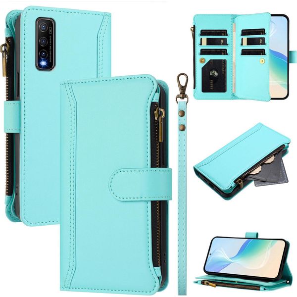 Custodia Per Vivo Y70S, Con Cerniera, Portafoglio Custodia Flip In Finto Cuoio Con Tasche Per Carte, Supporto E Passante Verde Menta-image