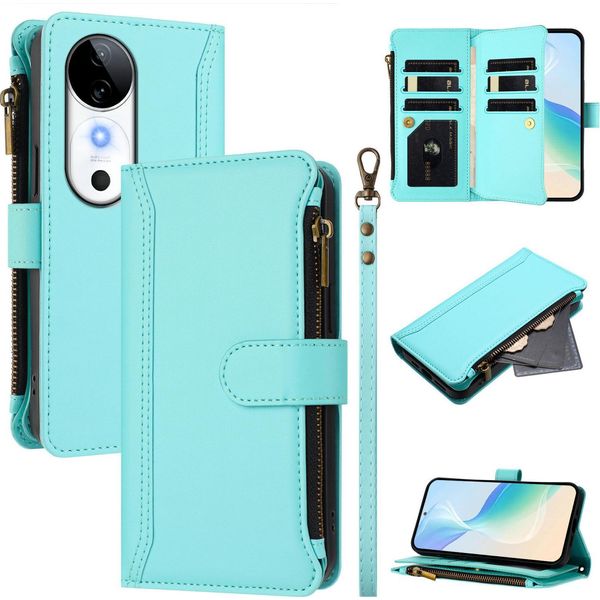 Custodia Per Vivo S19, Con Cerniera, Portafoglio Custodia Flip In Finto Cuoio Con Tasche Per Carte, Supporto E Passante Per Mano Verde Menta-image
