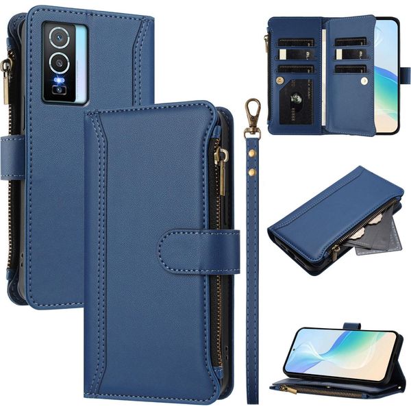 Custodia Per Vivo Y76 5G, Con Cerniera, Portafoglio In Finto Cuoio Con Tasche Per Carte, Supporto E Passante Blu-image
