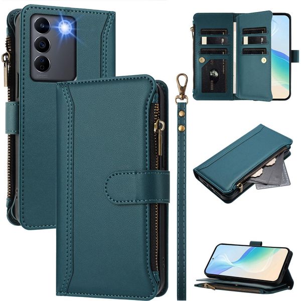 Custodia Per Vivo V27/V27 Pro/S16/S16 Pro, Con Cerniera, Portafoglio Custodia Flip In Finto Cuoio Con Tasche Per Carte, Supporto E Passante Per Mano Verde-image