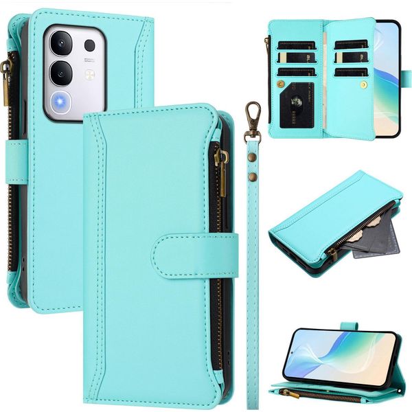Custodia Per Vivo Y29 4G, Con Cerniera, Portafoglio Custodia Flip In Finto Cuoio Con Tasche Per Carte, Supporto E Passante Verde Menta-image
