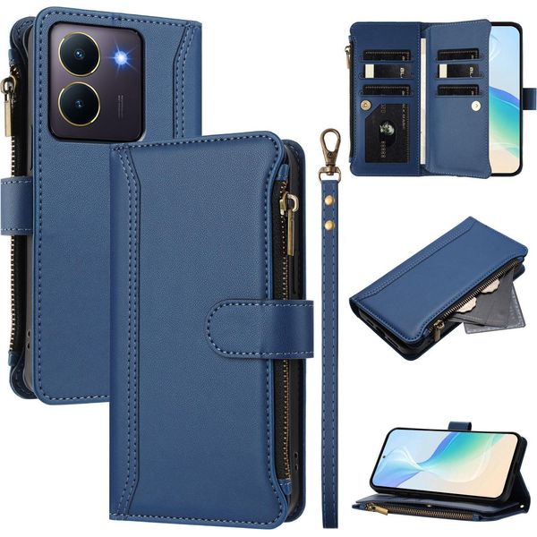 Custodia Per Vivo Y36 4G, Con Cerniera, Portafoglio Custodia Flip In Finto Cuoio Con Tasche Per Carte, Supporto E Passante Per Mano Blu-image