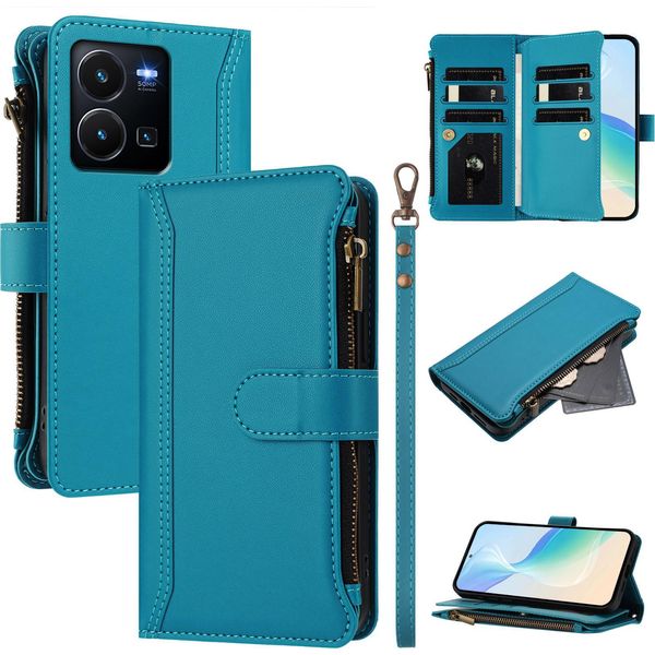 Custodia Per Vivo Y35 4G/Y77 5G, Con Cerniera, Portafoglio Custodia Flip In Finto Cuoio Con Tasche Per Carte, Supporto E Passante Per Mano Lake Blu-image