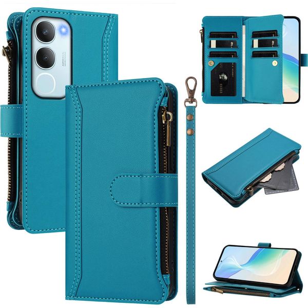 Custodia Per Vivo Y19S/Y29, Con Cerniera, Portafoglio, Custodia Flip In Finto Cuoio Con Tasche Per Carte, Supporto E Passante Per La Mano Lake Blu-image