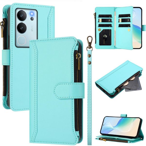 Custodia Per Vivo V29E/V30 Lite 5G, Con Cerniera, Portafoglio, Custodia Flip In Finto Cuoio Con Tasche Per Carte, Supporto E Passante Verde Menta-image