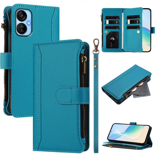 Custodia Per Tecno Spark 9T/Spark 9 Pro, Con Cerniera, Portafoglio, Custodia Flip In Finto Cuoio Con Tasche Per Carte, Supporto E Passante Per La Mano Lake Blu-image
