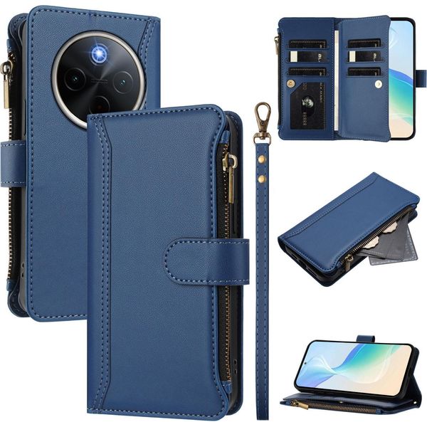 Custodia Per Vivo Y300 Pro, Con Cerniera, Portafoglio Custodia Flip In Finto Cuoio Con Tasche Per Carte, Supporto E Passante Per Mano Blu-image