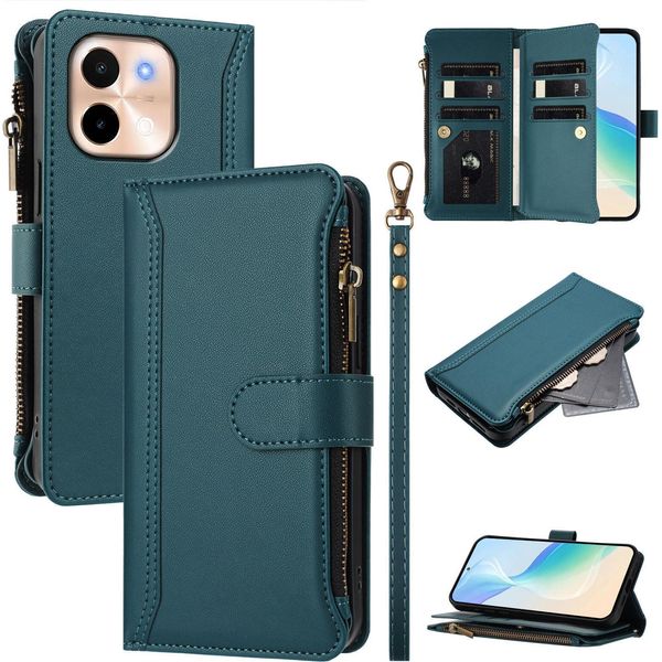 Custodia Per Vivo Y28 4G, Con Cerniera, Portafoglio In Finto Cuoio Con Tasche Per Carte, Supporto E Passante Per La Mano Verde-image
