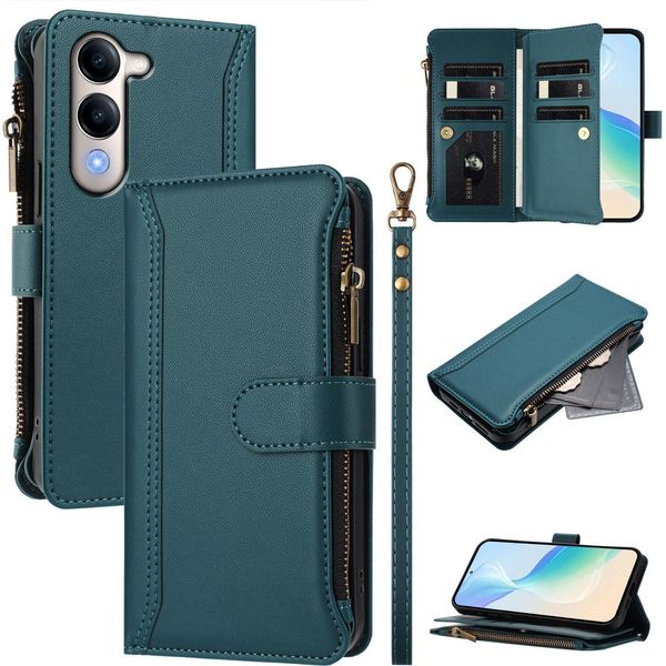 Custodia Per Vivo Y29S, Con Cerniera, Portafoglio Custodia Flip In Finto Cuoio Con Tasche Per Carte, Supporto E Passante Per Mano Verde-image