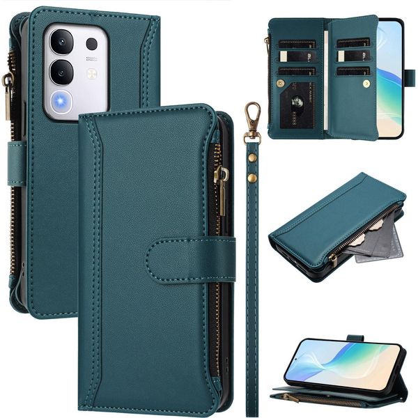 Custodia Per Vivo Y29 4G, Con Cerniera, Portafoglio Custodia Flip In Finto Cuoio Con Tasche Per Carte, Supporto E Passante Per La Mano Verde-image