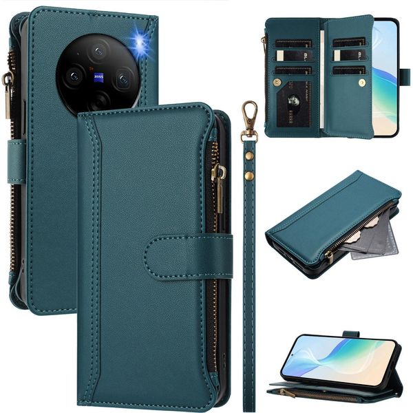 Custodia Per Vivo X100, Con Cerniera, Portafoglio Custodia Flip In Finto Cuoio Con Tasche Per Carte, Supporto E Passante Per La Mano Verde-image