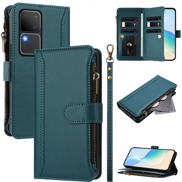 Custodia Per Vivo V30/V30 Pro/S18/S18 Pro, Con Cerniera, Portafoglio Custodia Flip In Finto Cuoio Con Tasche Per Carte, Supporto E Passante Per Mano Verde-image