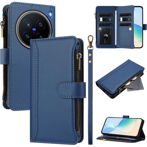Custodia Per Vivo X200 Ultra, Con Cerniera, Portafoglio Custodia Flip In Finto Cuoio Con Tasche Per Carte, Supporto E Passante Per La Mano Blu-image