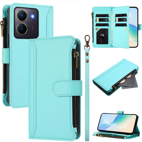 Custodia Per Vivo Y36 4G, Con Cerniera, Portafoglio Custodia Flip In Finto Cuoio Con Tasche Per Carte, Supporto E Passante Verde Menta-image