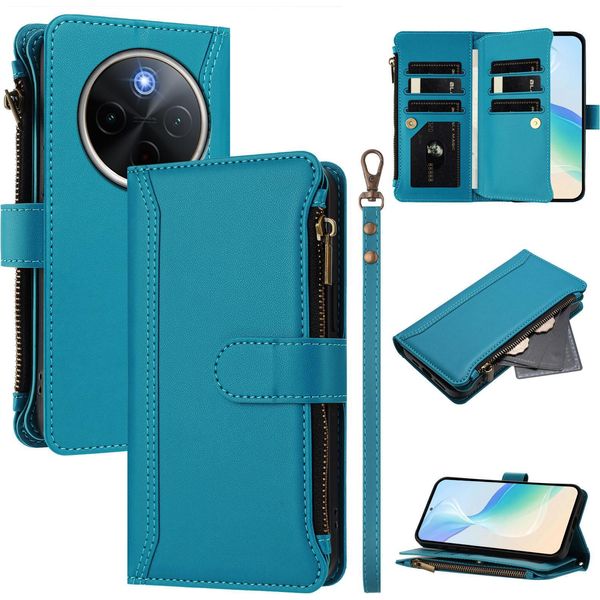 Custodia Per Vivo Y300 Pro, Con Cerniera, Portafoglio Custodia Flip In Finto Cuoio Con Tasche Per Carte, Supporto E Passante Per Mani Lake Blu-image