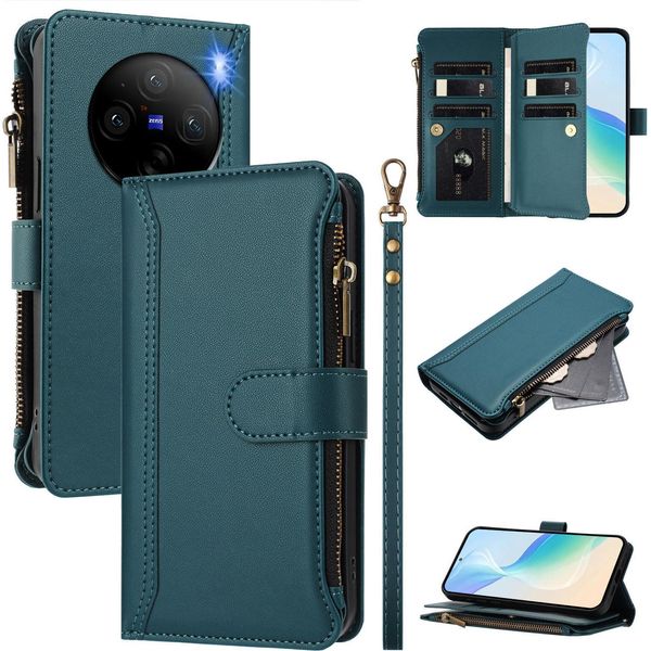 Custodia Per Vivo X100 Pro/X100S Pro, Con Cerniera, Portafoglio Custodia Flip In Finto Cuoio Con Tasche Per Carte, Supporto E Passante Per La Mano Verde-image