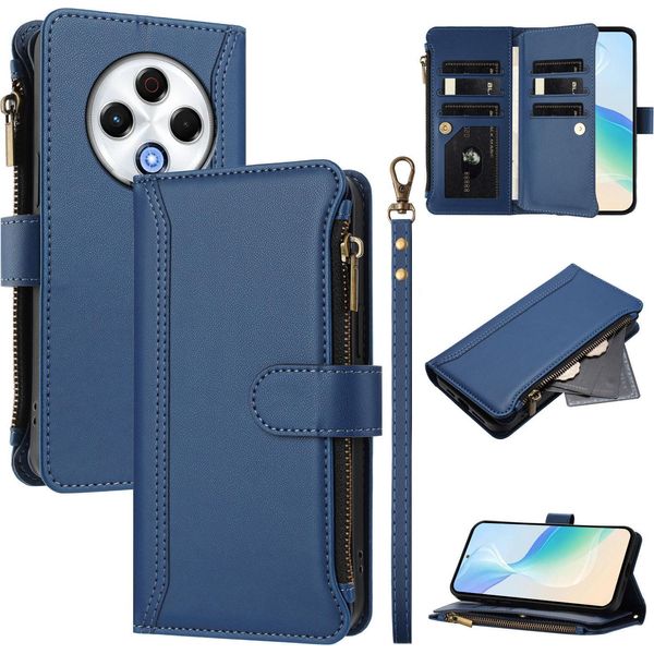 Custodia Per Tecno Spark 30 4G, Con Cerniera, Portafoglio Custodia Flip In Finto Cuoio Con Tasche Per Carte, Supporto E Passante Blu-image