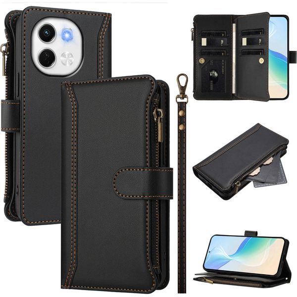 Custodia Per Tecno Spark 30 5G, Con Cerniera, Portafoglio Custodia Flip In Finto Cuoio Con Tasche Per Carte, Supporto E Passante Per La Mano Nero-image