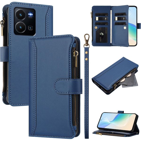 Custodia Per Vivo Y35 4G/Y77 5G, Con Cerniera, Portafoglio Custodia Flip In Finto Cuoio Con Tasche Per Carte, Supporto E Passante Per Mano Blu-image