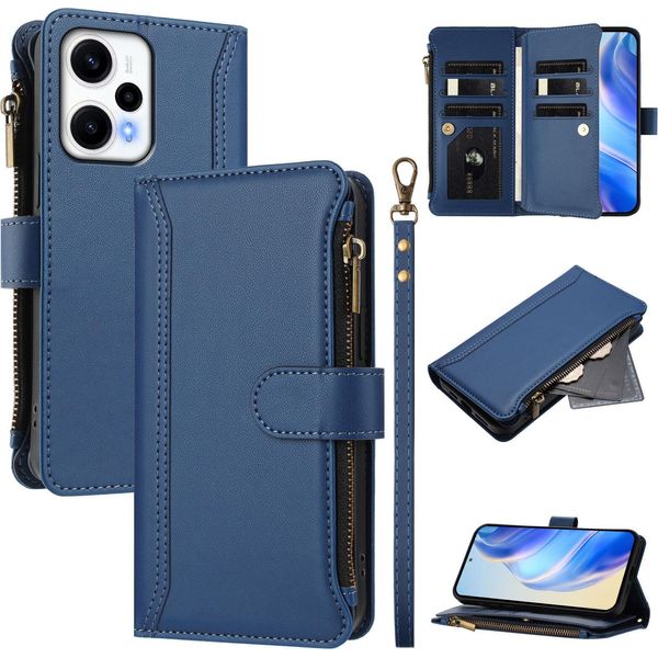 Custodia Per Xiaomi Poco F5/Redmi Note 12 Turbo, Con Cerniera, Portafoglio Custodia Flip In Finto Cuoio Con Tasche Per Carte, Supporto E Passante Per Mano Blu-image