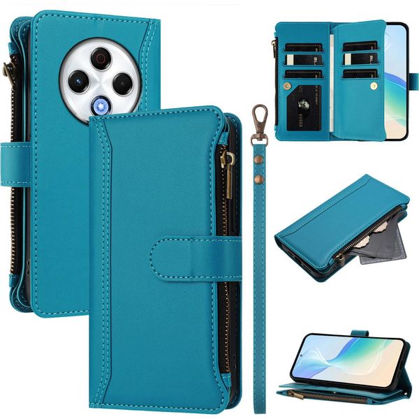 Custodia Per Tecno Spark 30 4G, Con Cerniera, Portafoglio Custodia Flip In Finto Cuoio Con Tasche Per Carte, Supporto E Passante Per Mani Lake Blu-image