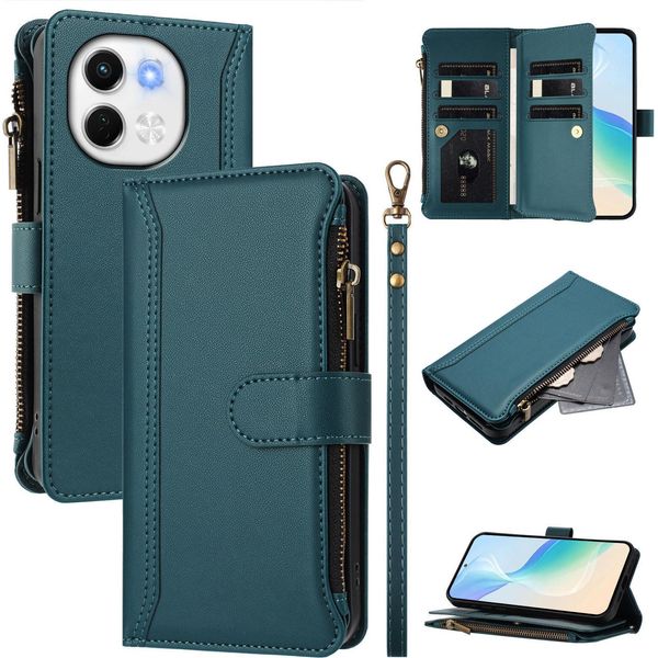 Custodia Per Tecno Spark 30 5G, Con Cerniera, Portafoglio Custodia Flip In Finto Cuoio Con Tasche Per Carte, Supporto E Passante Per Mano Verde-image