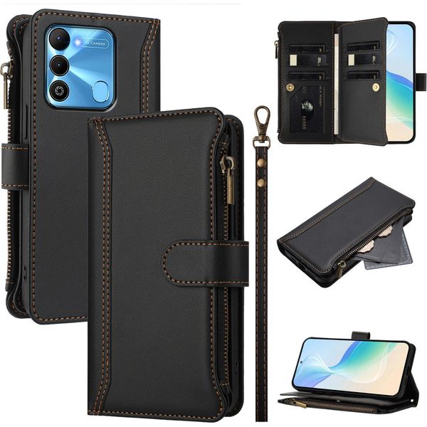 Custodia Per Tecno Spark Go 2022/Spark 8C/Spark 9, Con Cerniera, Portafoglio Custodia Flip In Finto Cuoio Con Tasche Per Carte, Supporto E Passante Per Mano Nero-image