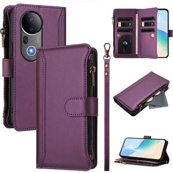 Custodia Per Vivo S20 Pro, Con Cerniera, Portafoglio In Finto Cuoio Con Tasche Per Carte, Supporto E Passante Per Mano Viola-image