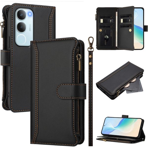 Custodia Per Vivo Y19S/Y29, Flip Case In Finto Cuoio Con Cerniera E Portafoglio, Con Tasche Per Carte, Supporto E Passante Per La Mano Nero-image