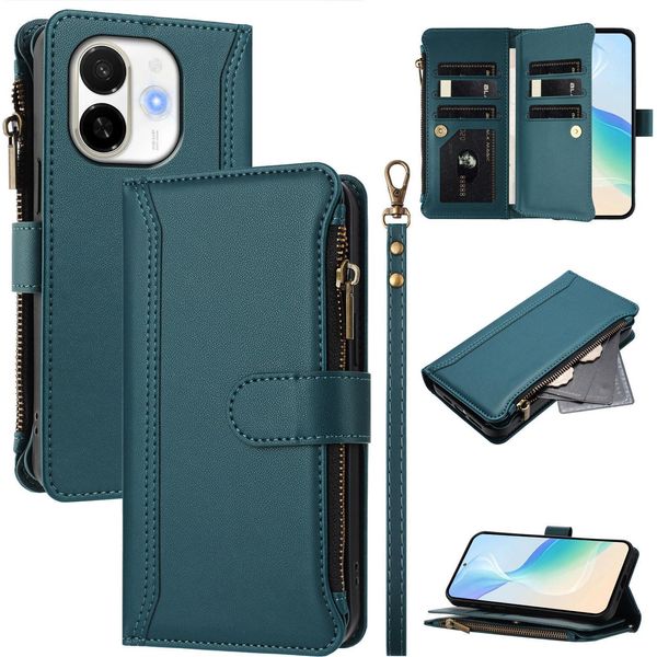 Custodia Per Tecno Spark 30C 5G/Pop 9 5G, Con Cerniera, Portafoglio Custodia Flip In Finto Cuoio Con Tasche Per Carte, Supporto E Passante Per La Mano Verde-image