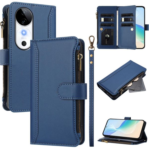 Custodia Per Vivo S19, Con Cerniera, Portafoglio Custodia Flip In Finto Cuoio Con Tasche Per Carte, Supporto E Passante Per Mano Blu-image
