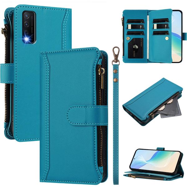 Custodia Per Vivo Y20, Con Cerniera, Portafoglio Custodia Flip In Finto Cuoio Con Tasche Per Carte, Supporto E Passante Per La Mano Lago Blu-image