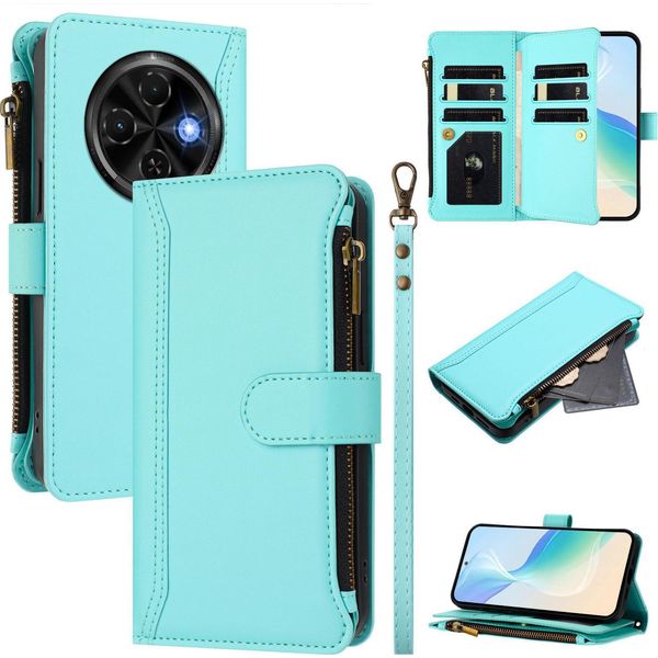 Custodia Per Tecno Spark 30C 4G, Con Cerniera, Portafoglio Custodia Flip In Finto Cuoio Con Tasche Per Carte, Supporto E Passante Per Mano Verde Menta-image
