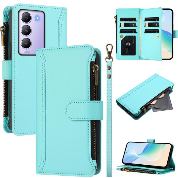 Custodia Per Vivo V30 Lite 4G, Con Cerniera, Portafoglio Custodia Flip In Finto Cuoio Con Tasche Per Carte, Supporto E Passante Verde Menta-image