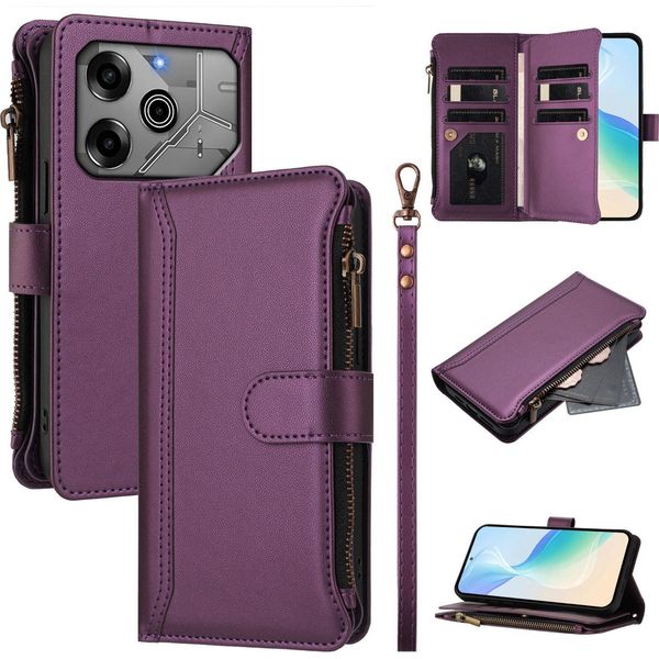 Custodia Per Tecno Spark 6 Go/Spark Go 2020/Spark Go 2021, Con Cerniera, Portafoglio Custodia Flip In Finto Cuoio Con Tasche Per Carte, Supporto E Passante Per Mano Viola-image