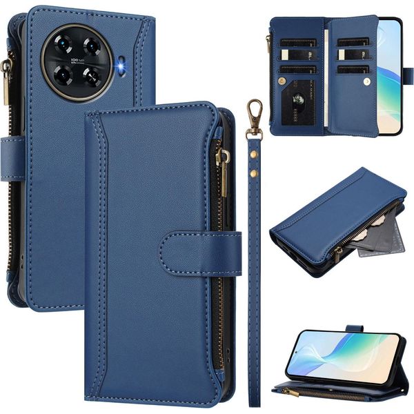Custodia Per Tecno Spark 20 Pro+, Con Cerniera, Portafoglio Custodia Flip In Finto Cuoio Con Tasche Per Carte, Supporto E Passante Per Mano Blu-image