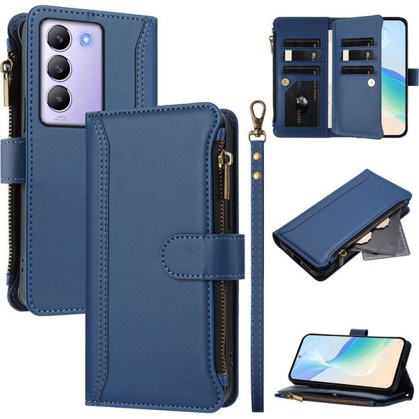 Custodia Per Vivo V30 Lite 4G, Con Cerniera, Portafoglio Custodia Flip In Finto Cuoio Con Tasche Per Carte, Supporto E Passante Per Mano Blu-image
