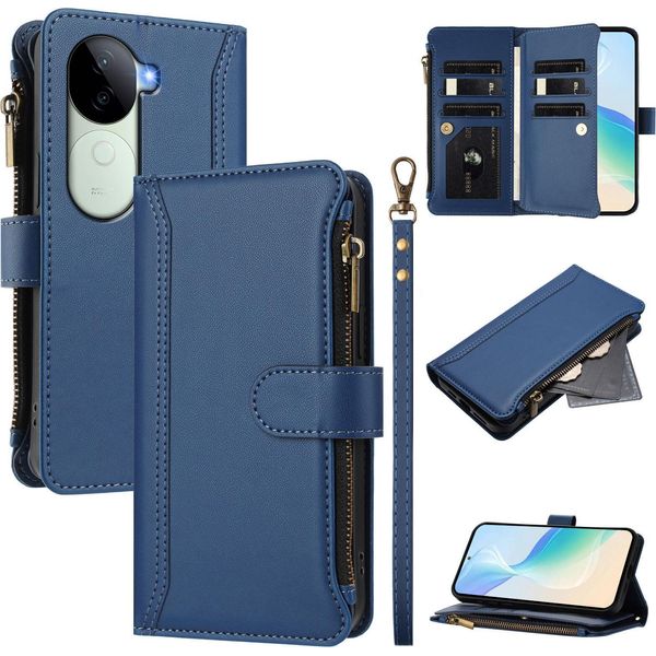 Custodia Per Vivo V40E, Con Cerniera, Portafoglio Custodia Flip In Finto Cuoio Con Tasche Per Carte, Supporto E Passante Per Mano Blu-image