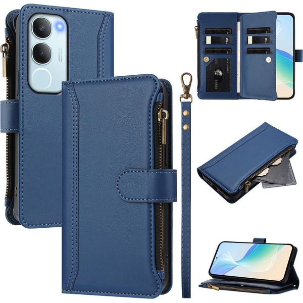 Custodia Per Vivo Y19S/Y29, Con Cerniera, Portafoglio Custodia Flip In Finto Cuoio Con Tasche Per Carte, Supporto E Passante Per Mano Blu-image